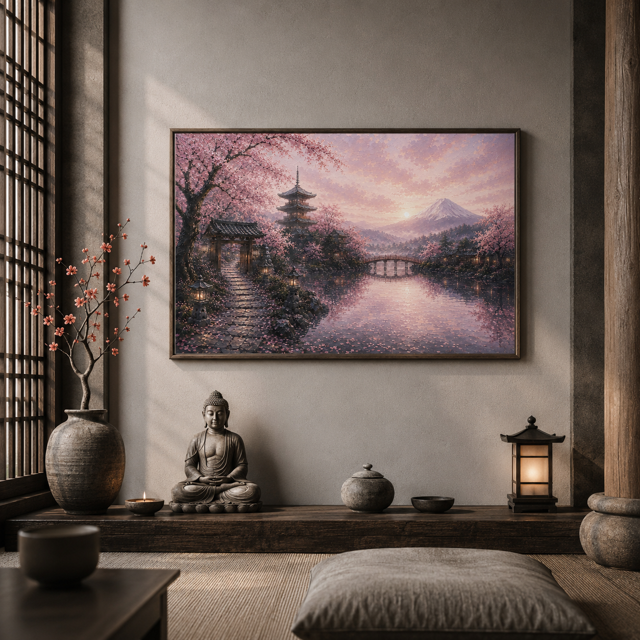Japanese Cherry Blossom Village | Oil Painting Style Floating Frame Canvas