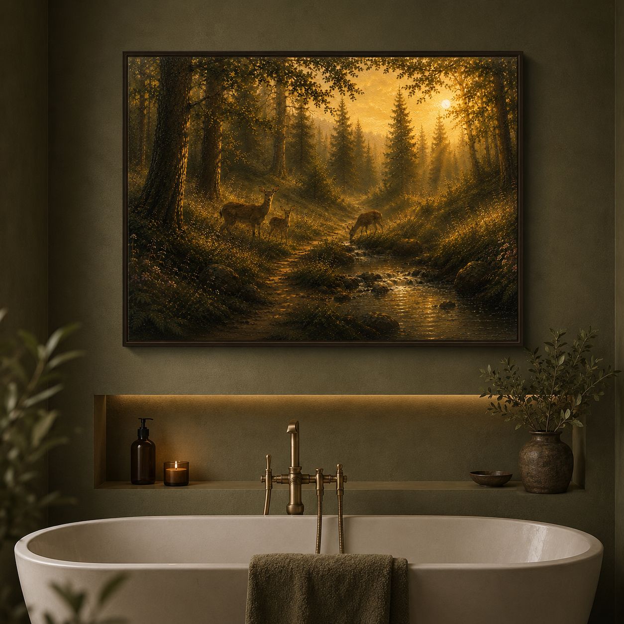 Woodland Deer Family | Oil Painting Style Floating Frame Canvas