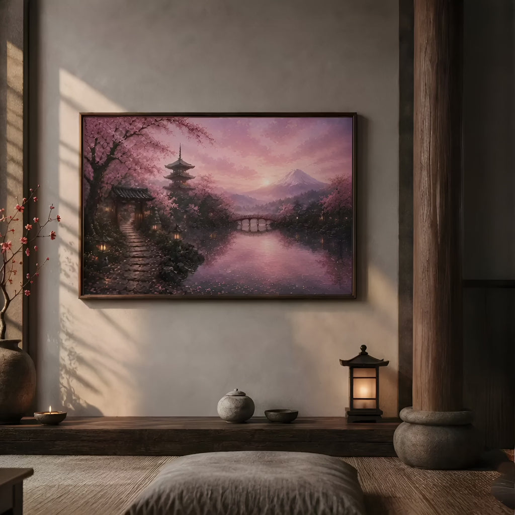 Japanese Cherry Blossom Village | Oil Painting Style Floating Frame Canvas