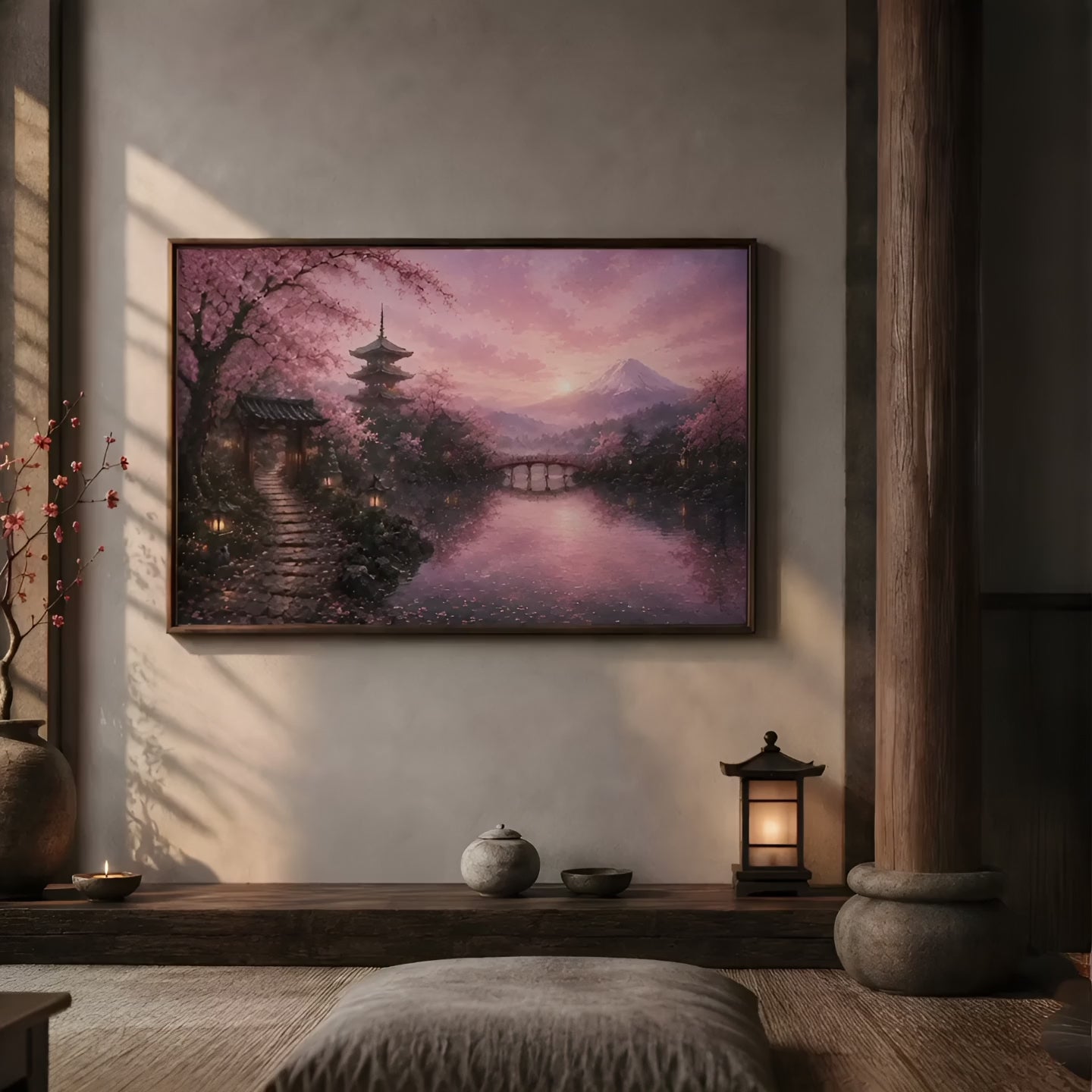Japanese Cherry Blossom Village | Oil Painting Style Floating Frame Canvas