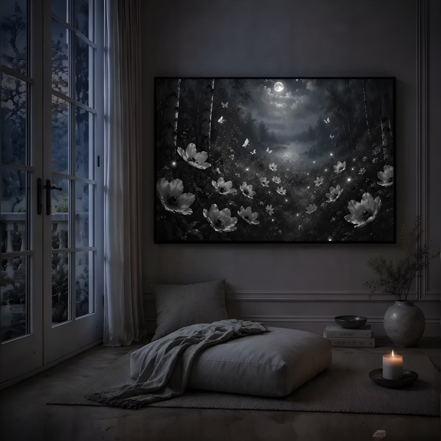 Moonlit Wildflowers| Oil Painting Style Floating Frame