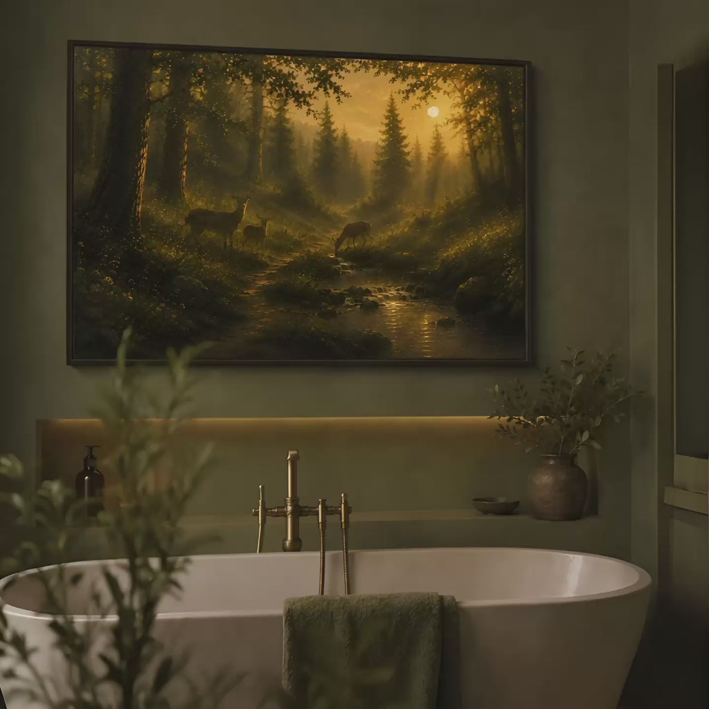 Woodland Deer Family | Oil Painting Style Floating Frame Canvas