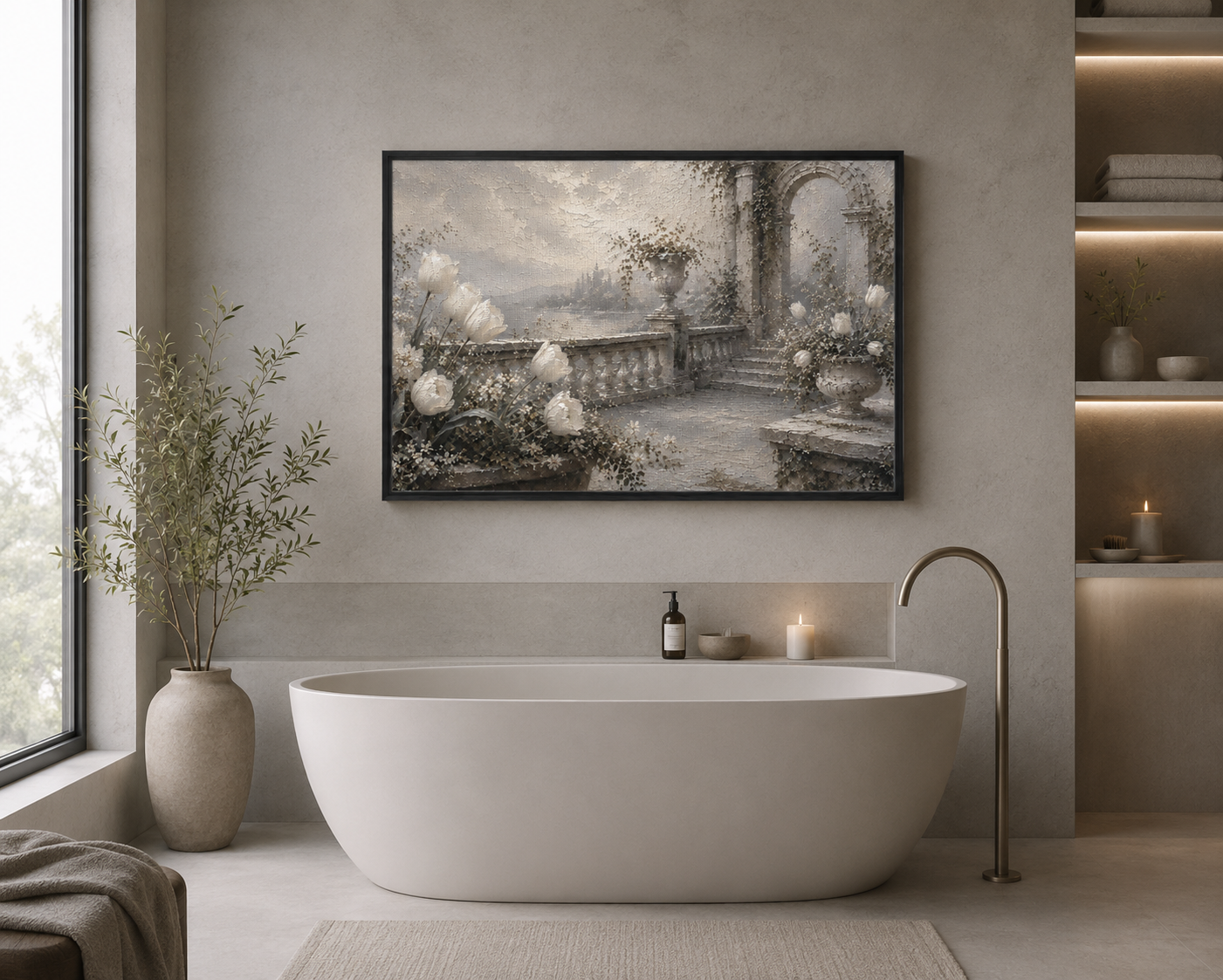 White Tulip Wall Art | Oil Painting Style Floating Frame Canvas